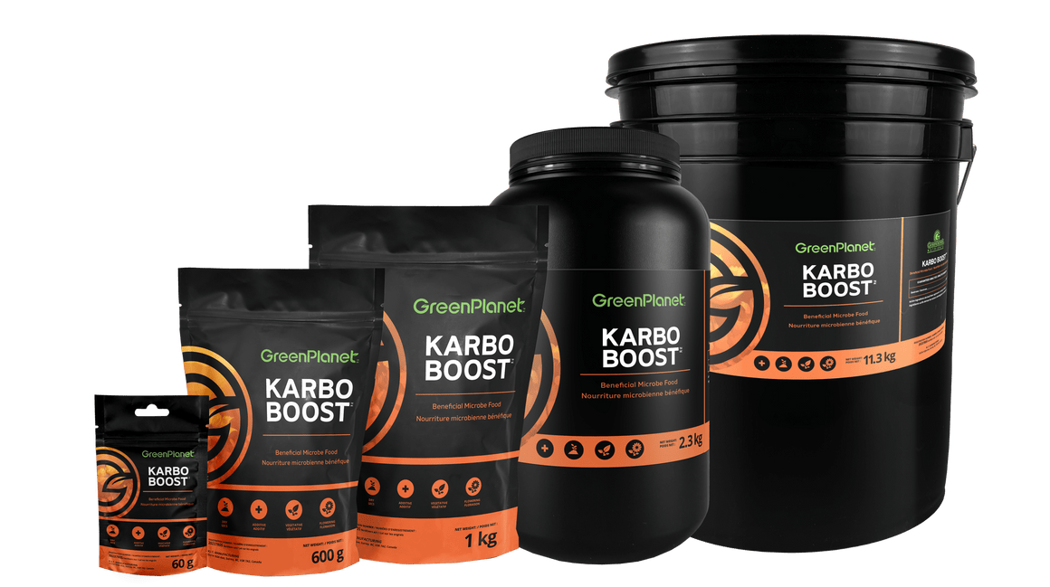 GreenPlanet Karbo Boost beneficial microbe food in various sizes: 60g, 600g, 1kg, 2.3kg, and 11.3kg.
