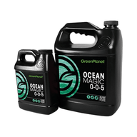 Two black jugs of GreenPlanet Ocean Magic 0-0-5 kelp additive on a white background.