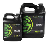 GreenPlanet pH Down Acid Solution nutrient bottles, 1L and 4L sizes.