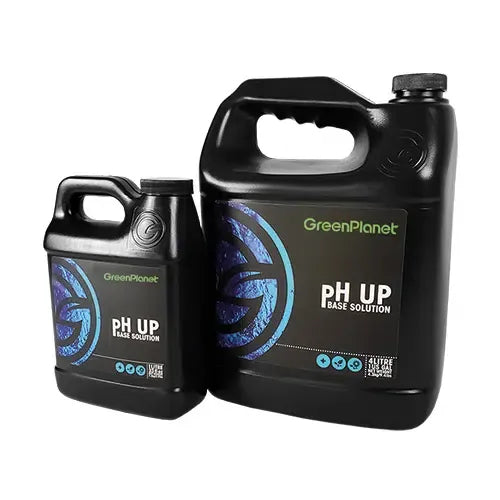 Two black GreenPlanet pH UP base solution bottles, one large and one small, with blue labels.