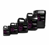Five black bottles of Green Planet PK Spike 0-14-15 fertilizer in various sizes.