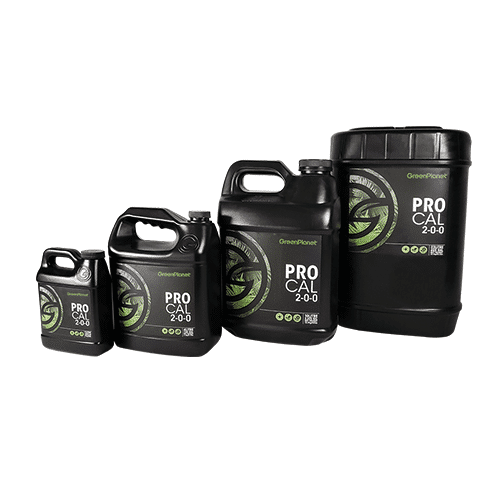 Green Planet Pro Cal 2-0-0 nutrients in black jugs of various sizes.