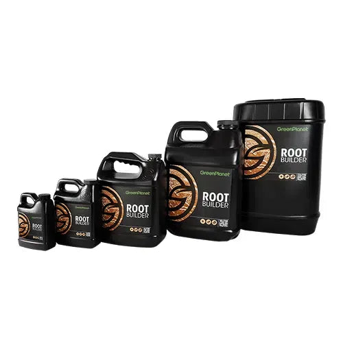 Green Planet Root Builder nutrients in various black jug sizes with gold branding.