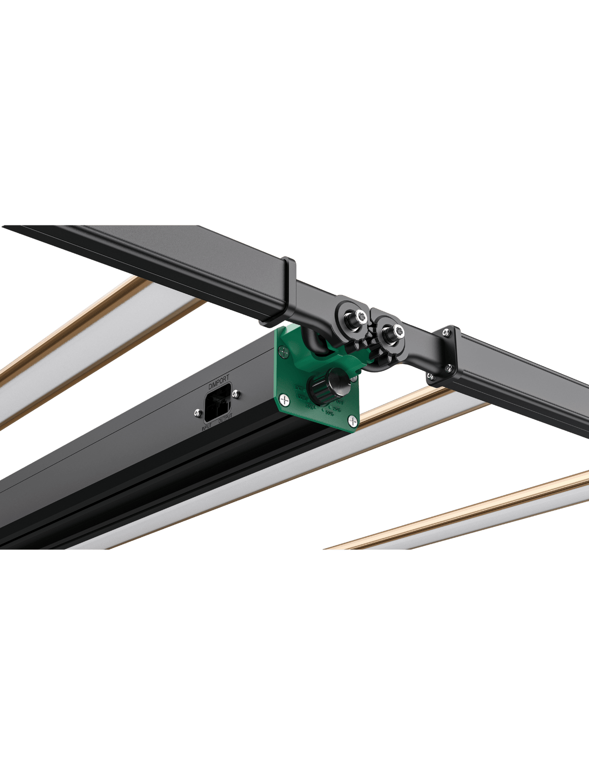 Black LED grow light with dimmer knob, dimport, input and output ports.