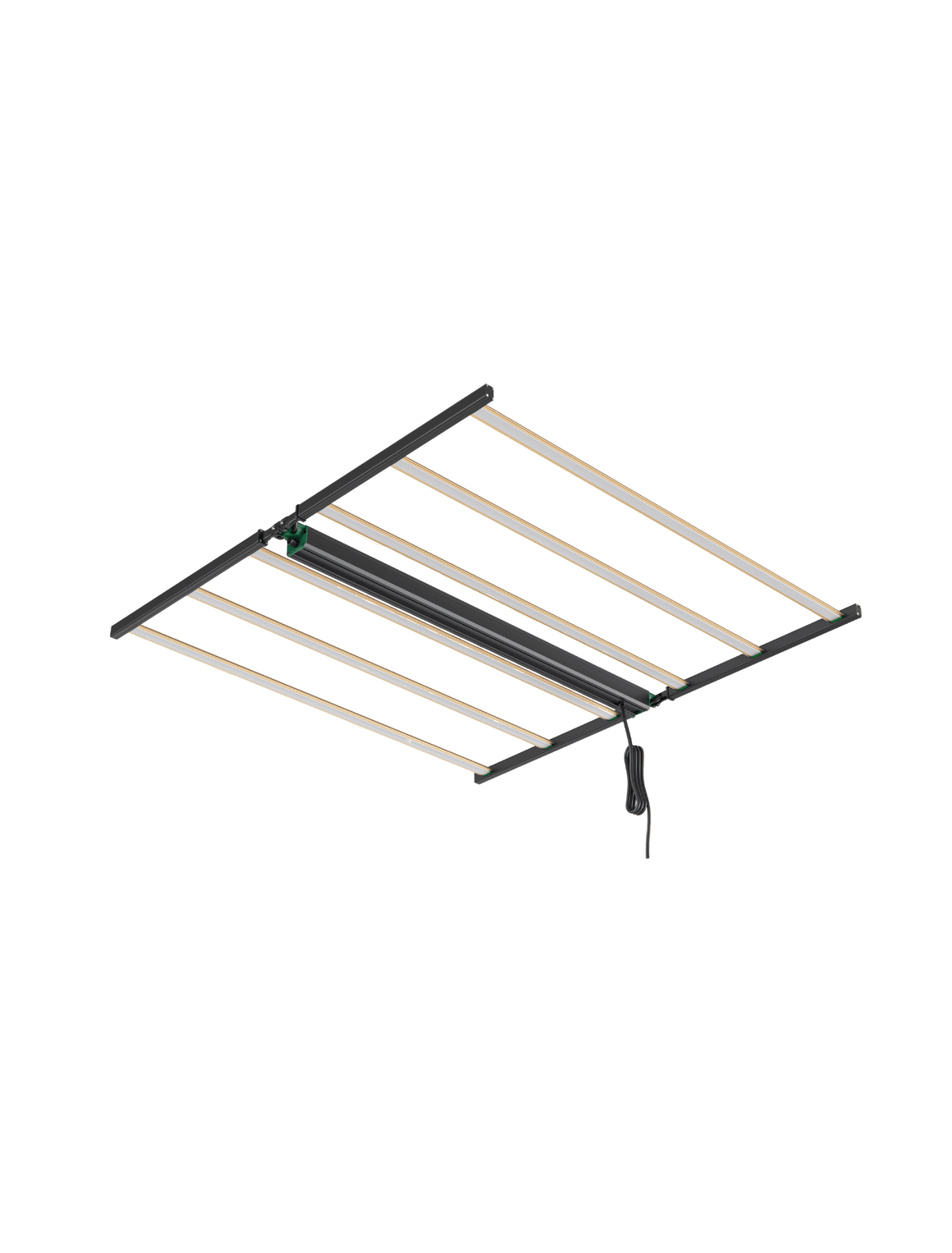 A horizontal, rectangular LED grow light with six white light bars and a black frame, on a green background.