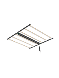 A horizontal, rectangular LED grow light with six white light bars and a black frame, on a green background.