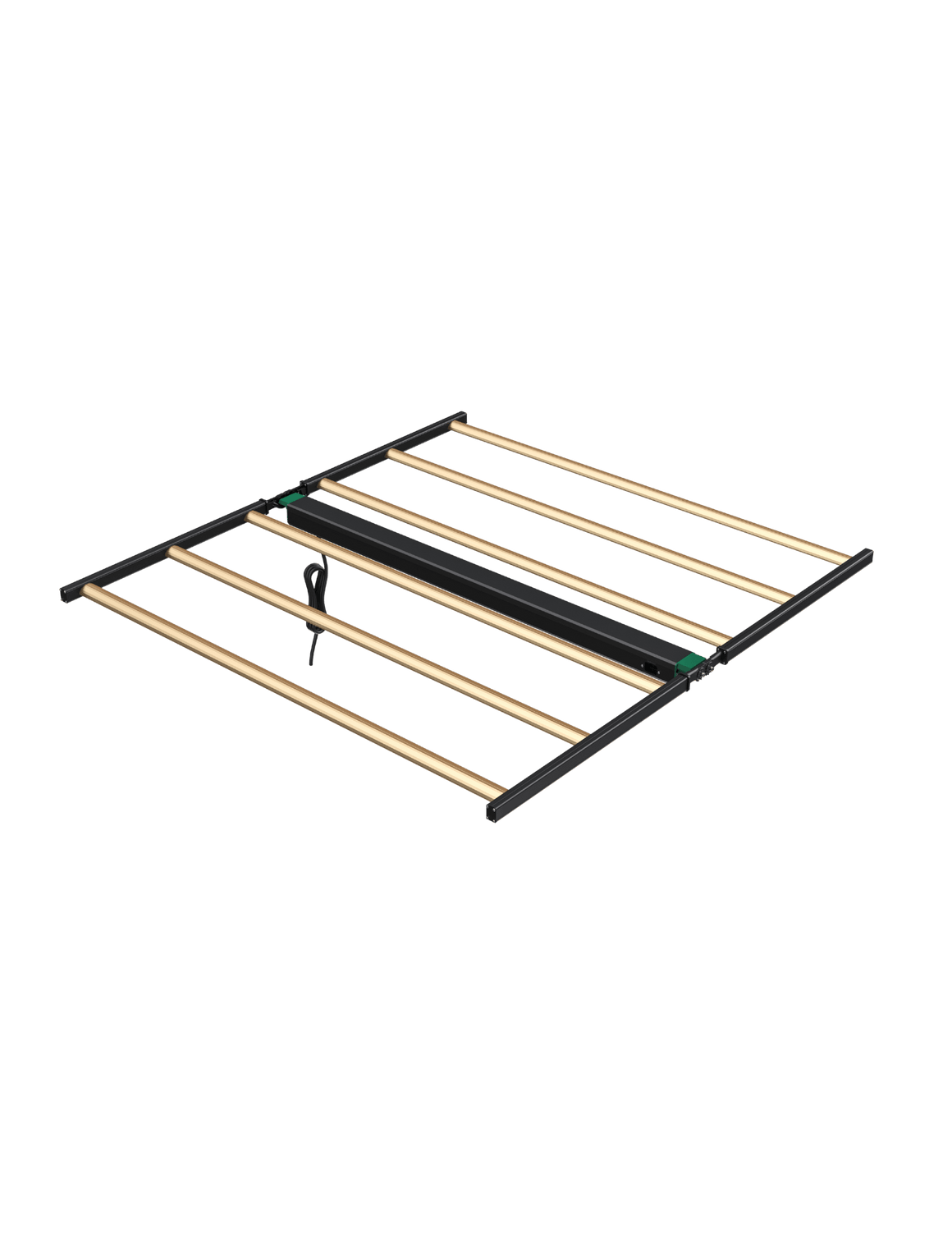 A flat lay of a dimmable LED grow light with a black frame and multiple wooden planks, against a green background.