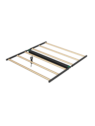 A flat lay of a dimmable LED grow light with a black frame and multiple wooden planks, against a green background.