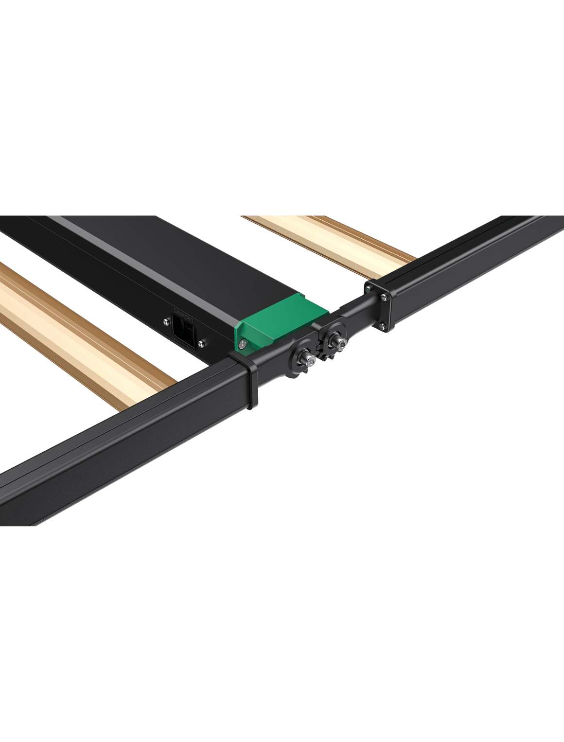 Black LED grow light bar with green accent, showing input/output ports and wooden slats.