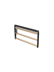 Black metal frame grow light with three horizontal golden bars, green accents, and suspension hooks, on a green background.
