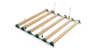 Top-down view of a full-spectrum LED grow light with six wooden slats suspended by metal wires.