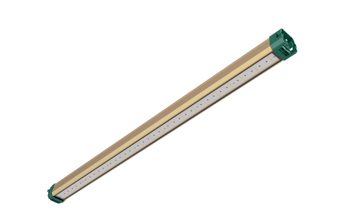 A linear full-spectrum LED grow light with a tan housing and green end caps is shown at an angle against a green background.