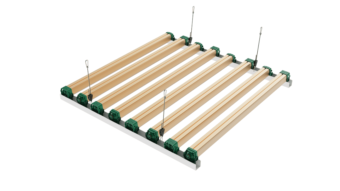Hanging LED grow light with wooden slats and green adjustable end caps.