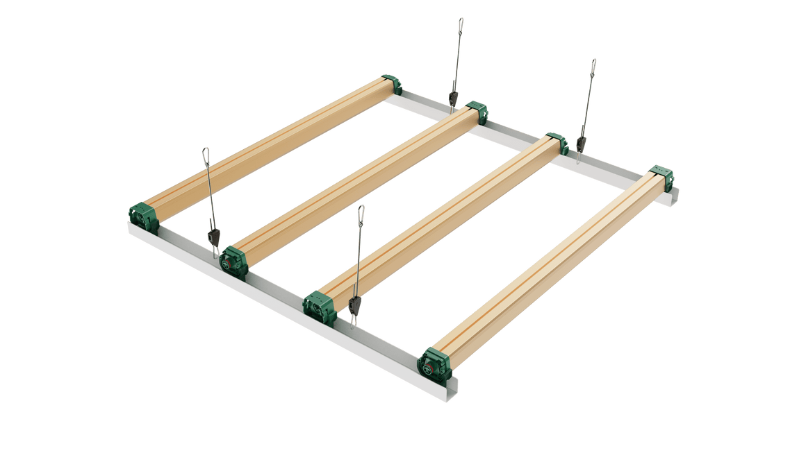 Four wooden bars on a metal frame, suspended by wires, with green adjustable clips.