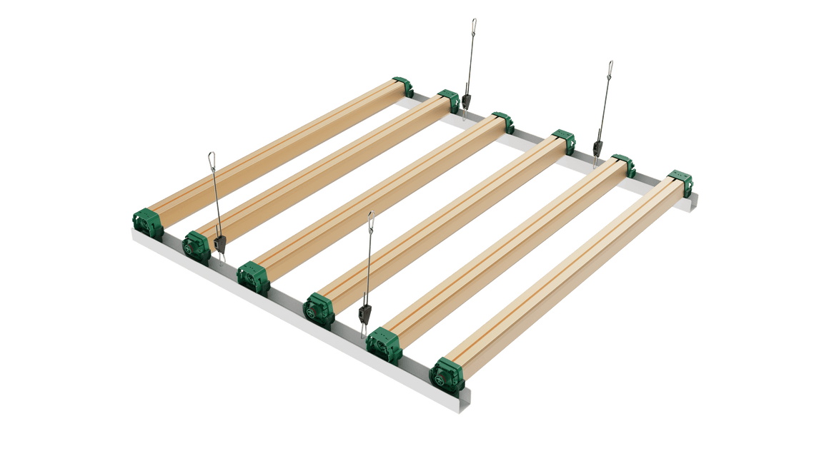 A Growers Choice LED grow light features wooden slats and green fixtures, suspended from wires on a green background.