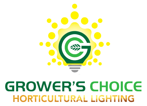 Grower's Choice Horticultural Lighting logo: green lightbulb with a 'GC' monogram and leaf, radiating yellow light, green & orange text.