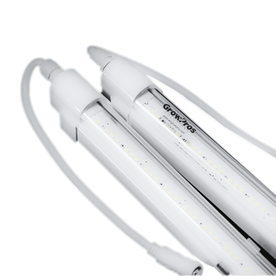 Two white LED grow light bars with "GrowPros Solutions" logo and web address.