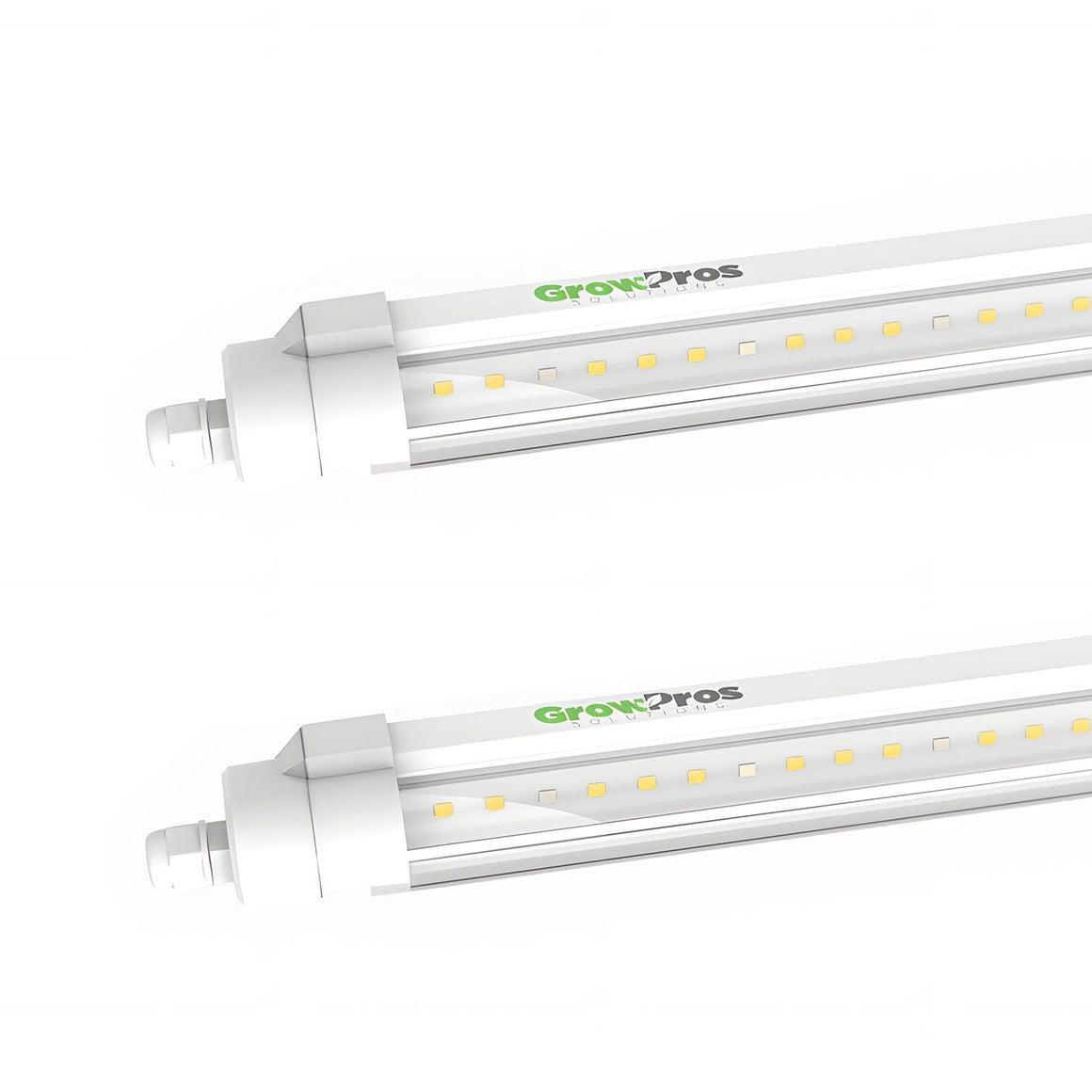Two white LED grow light bars with "GrowPros Solutions" logo and visible yellow LEDs.