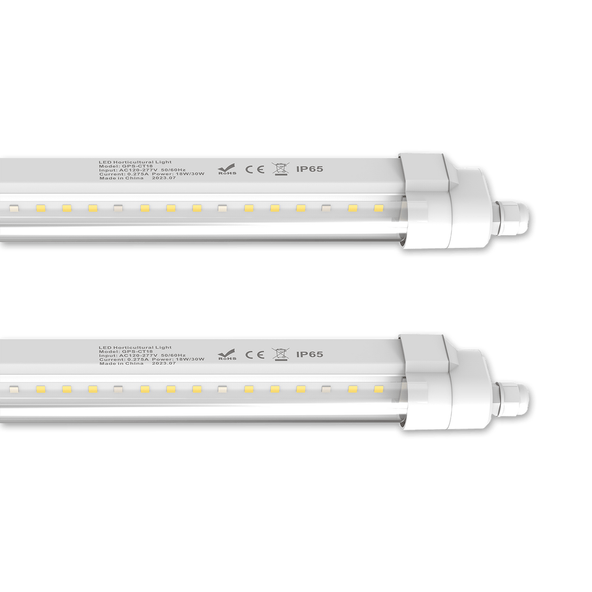Two 4-foot LED horticultural grow lights, IP65 rated, with certifications and wattage details.
