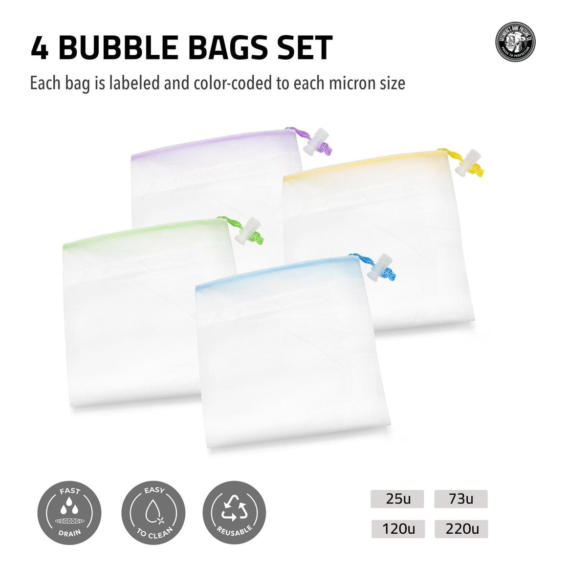 4 bubble bags in purple, yellow, green, and blue, with micron sizes listed below.