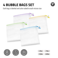 4 bubble bags in purple, yellow, green, and blue, with micron sizes listed below.