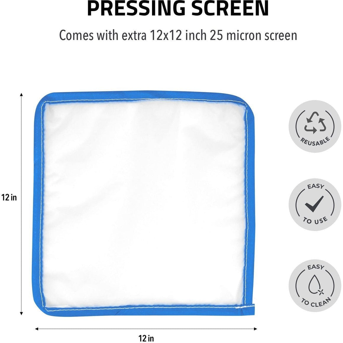 12x12 inch pressing screen with blue trim. Icons indicate reusable, easy to use, and easy to clean.