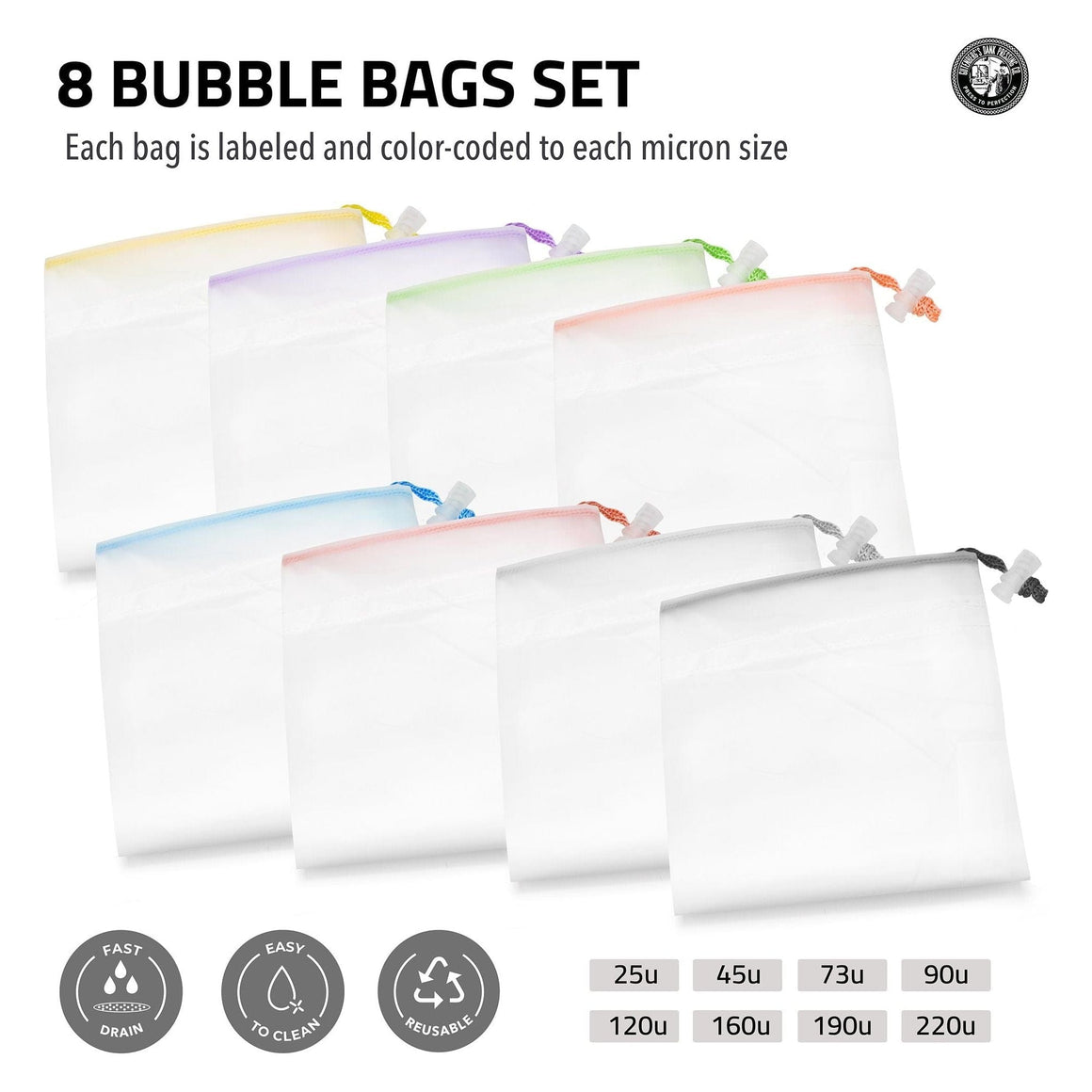 8 bubble bags in different colors and micron sizes, with icons for fast drain, easy to clean, and reusable.