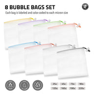 8 bubble bags in different colors and micron sizes, with icons for fast drain, easy to clean, and reusable.