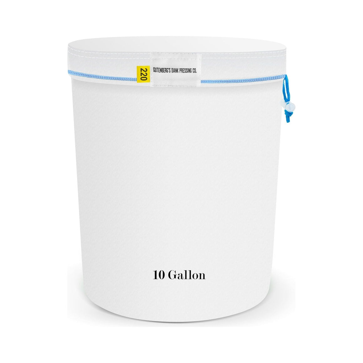 White 10-gallon mesh bubble bag with blue drawstring and "GUTENBERG'S DANK PRESSING CO. 220" label.