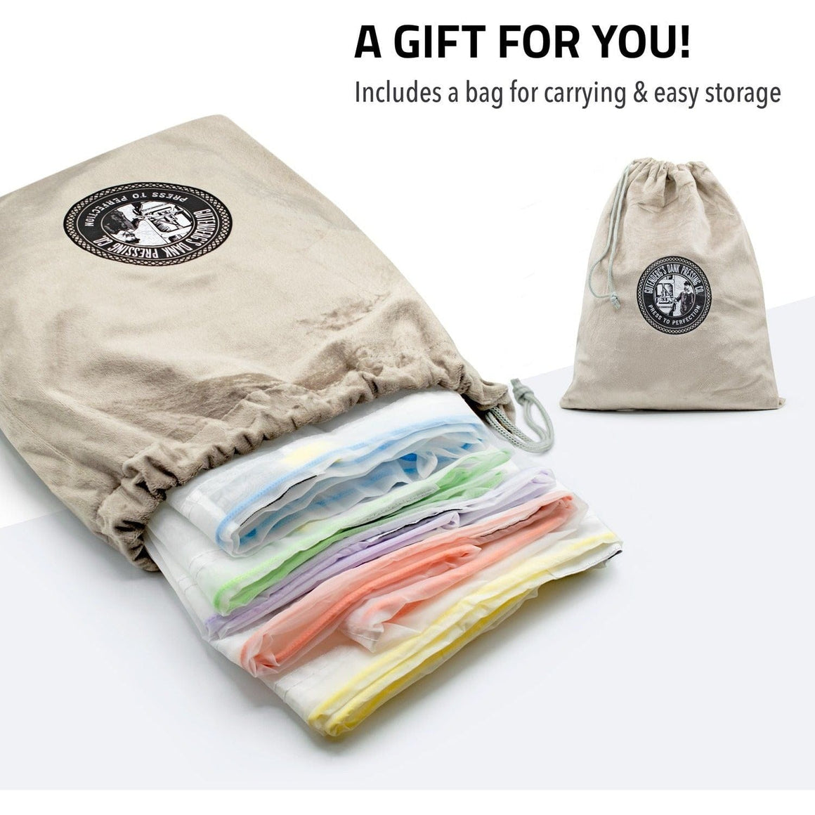A gift for you! Includes a bag for carrying & easy storage. Gutenberg's Dank Pressing Co. cloth bag with colorful mesh bags inside.