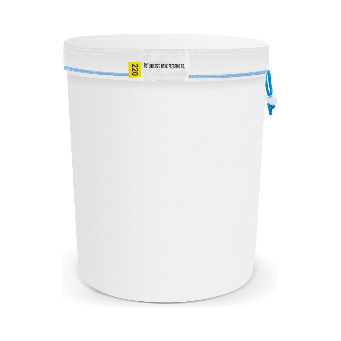White mesh bubble bag with blue drawstring and "220 Gutenberg's Dank Pressing Co." label.