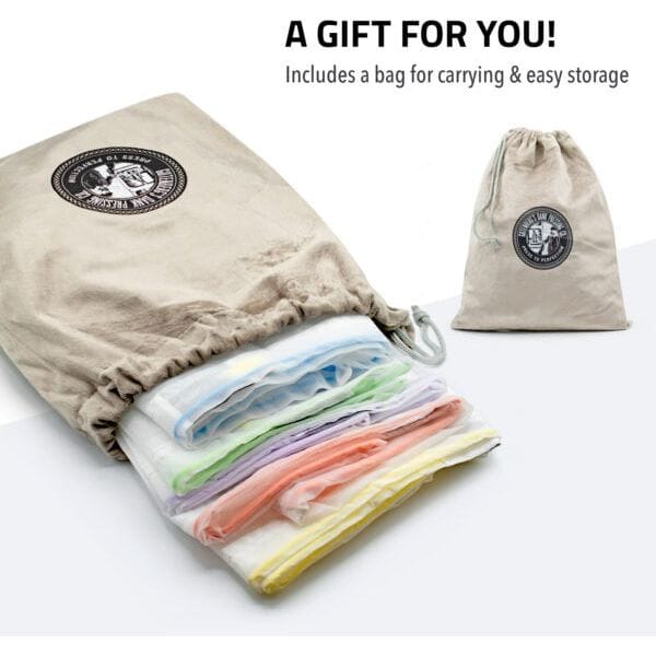 Stack of colorful fabric squares in a drawstring bag, with a second bag shown, text reads "A GIFT FOR YOU!".