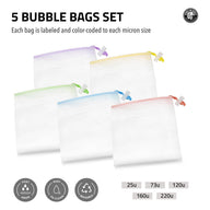 5 colorful mesh bubble bags for herbs, with micron sizes and icons for fast drain, easy clean, and reusable.