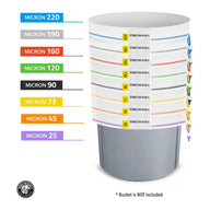 Gutenberg's Dank Pressing Co. 5-gallon bubble bag set with color-coded micron sizes: 220 (blue), 190 (gray), 160 (orange), 120 (green), 90 (black), 73 (yellow), 45 (orange), 25 (purple).