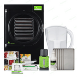 Black Harvest Right freeze dryer with Premier pump, trays, vacuum sealer, Mylar kit, pump oil, and water pitcher.