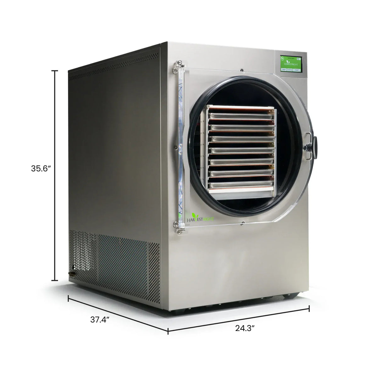 Stainless steel Harvest Right XL Pro freeze dryer with 7 trays shown with dimensions 35.6"H x 37.4"W x 24.3"D.