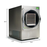 Stainless steel Harvest Right XL Pro freeze dryer with 7 trays shown with dimensions 35.6