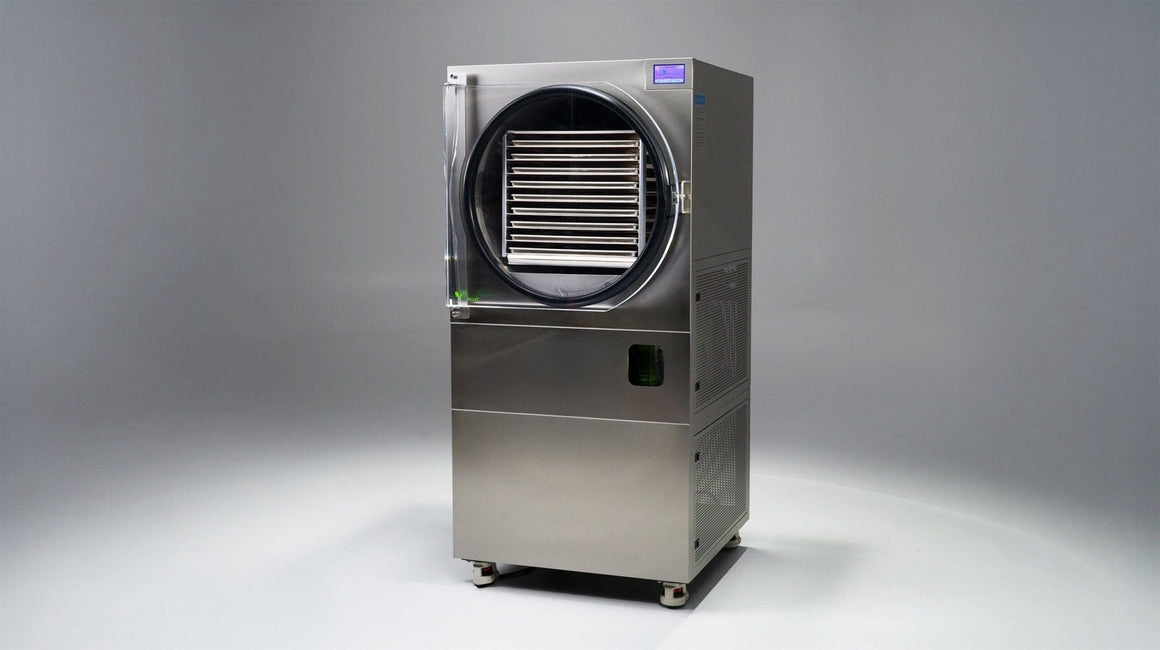 A stainless steel commercial freeze dryer with a glass door showing multiple trays of food.