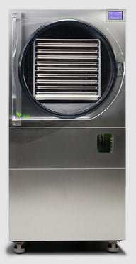 Commercial freeze dryer with digital display and multiple shelves inside.