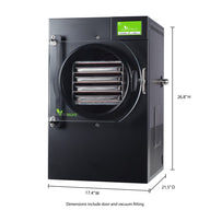 Black powder-coated Harvest Right small home freeze dryer with internal trays and dimensions.