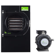 Harvest Right black home freeze dryer with internal trays and an accompanying oil-free scroll vacuum pump.