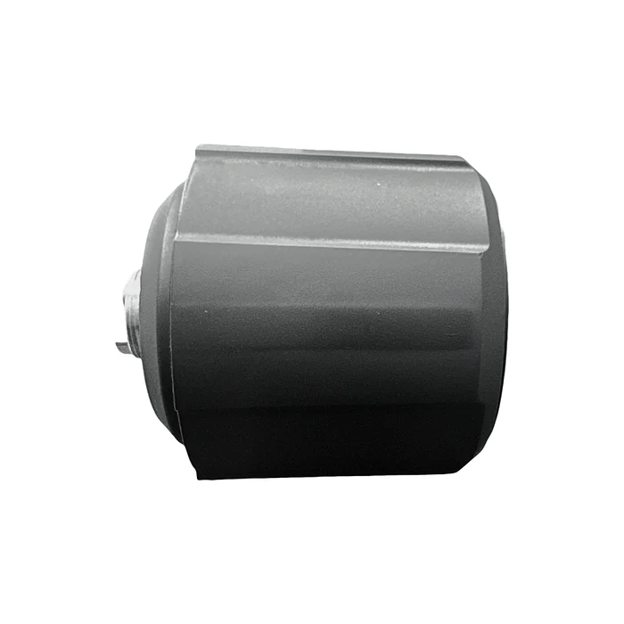 A dark gray industrial cylinder with grooves, seen from the side.