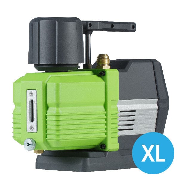 Green and grey XL premier oil vacuum pump with a large knob, sight glass, and cooling fins.