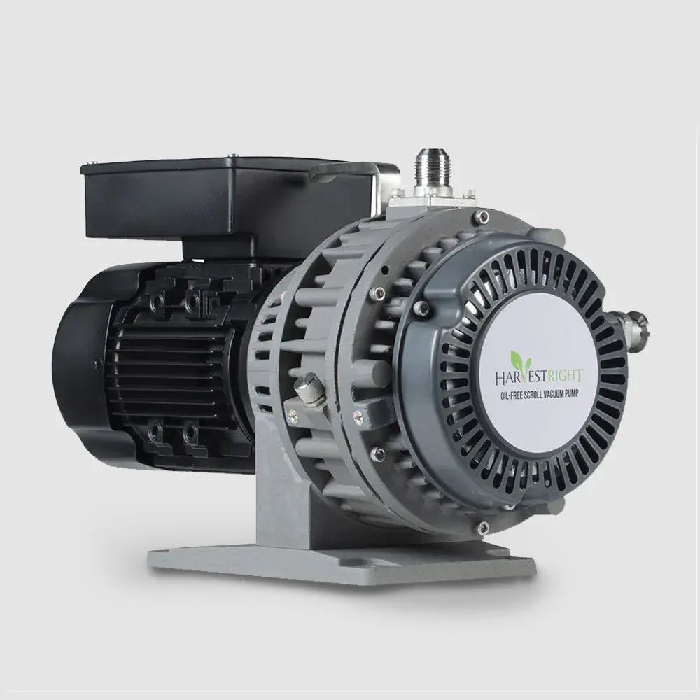 Harvest Right oil-free scroll vacuum pump with black motor and gray housing.
