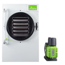 White Harvest Right medium freeze dryer showing trays, with a green control panel and a separate green vacuum pump.