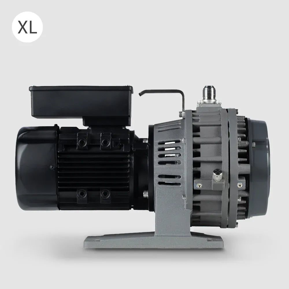 Side view of a black and gray oil-free vacuum pump labeled "XL".