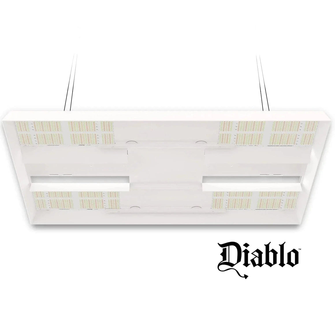 White HLG Diablo ES LED grow light, underside view, with multiple LED boards, hanging wires, and Diablo logo.