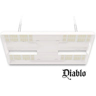 White HLG Diablo ES LED grow light, underside view, with multiple LED boards, hanging wires, and Diablo logo.
