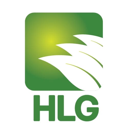 HLG (Horticulture Lighting Group) logo: Green square with white leaves and a light gradient above green "HLG" text.