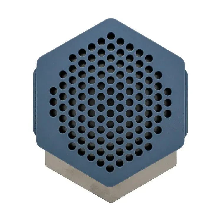 Hexagonal blue tray with a grid of holes, sitting on a metal base.